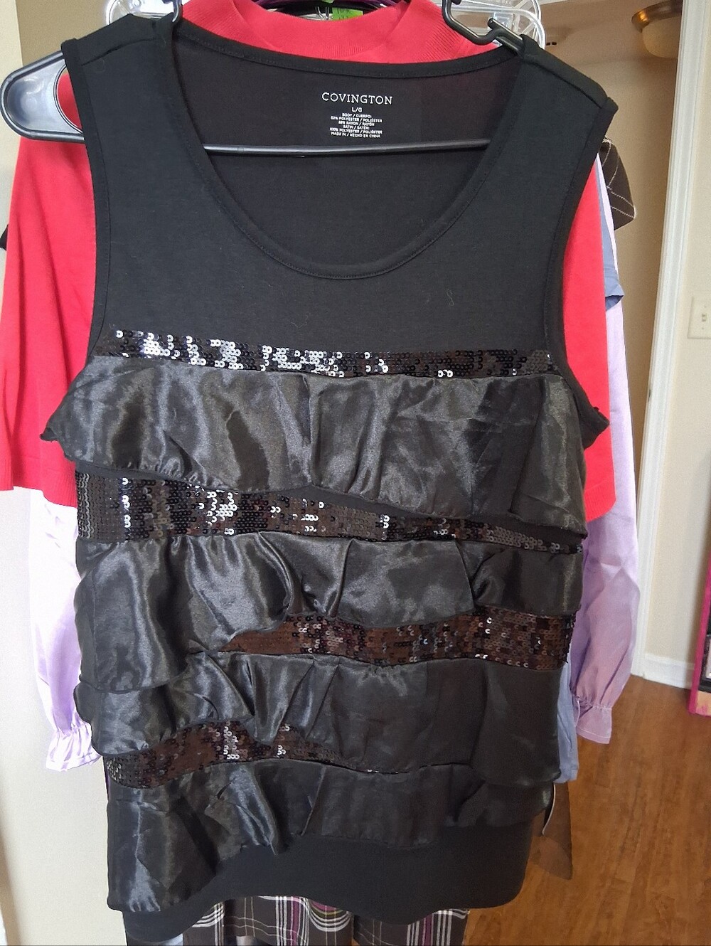 Covington Black Ruffled Sequin Sleeveless Tank
